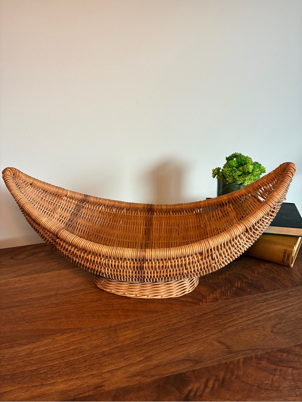 Vintage Rattan Gondola Basket Crescent Pedestal Bowl MCM Boho Centerpiece
